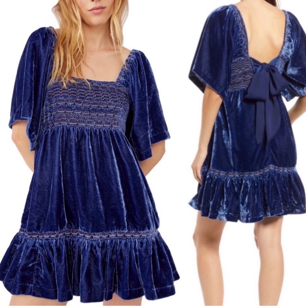 Free people, easy to love, velvet, mini dress, in shaded Lake Blue, Tie back, S
